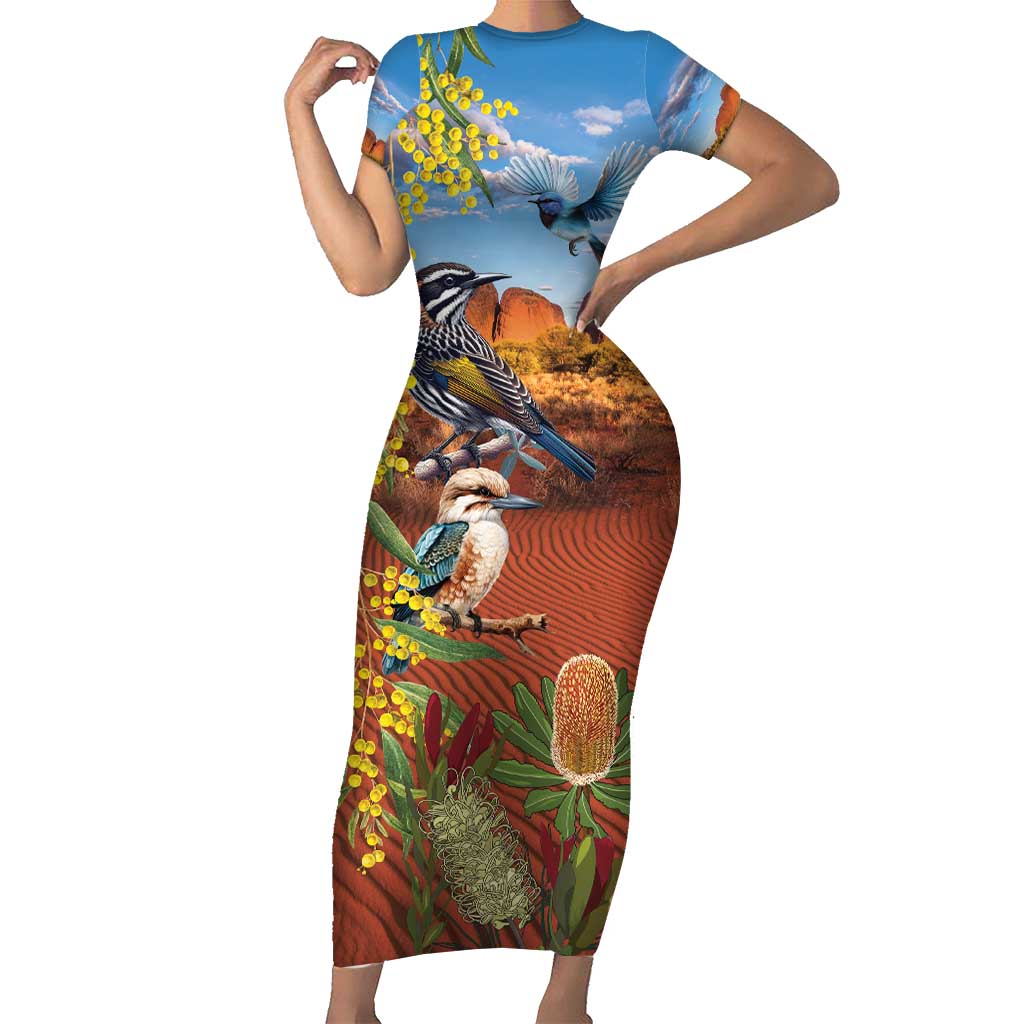 Australia Native Bird Uluru Ayers Rock Family Matching Short Sleeve Bodycon Dress and Hawaiian Shirt