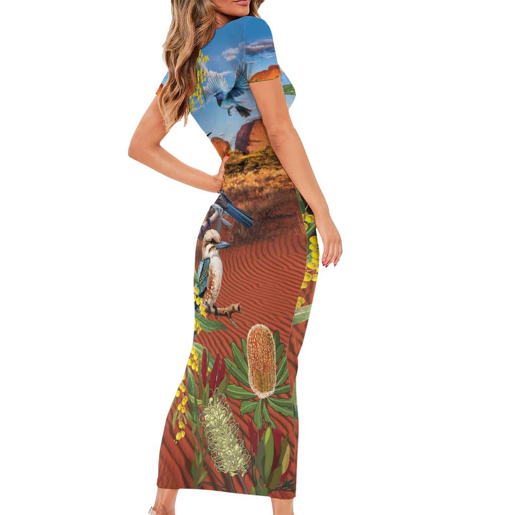 Australia Native Bird Uluru Ayers Rock Family Matching Short Sleeve Bodycon Dress and Hawaiian Shirt