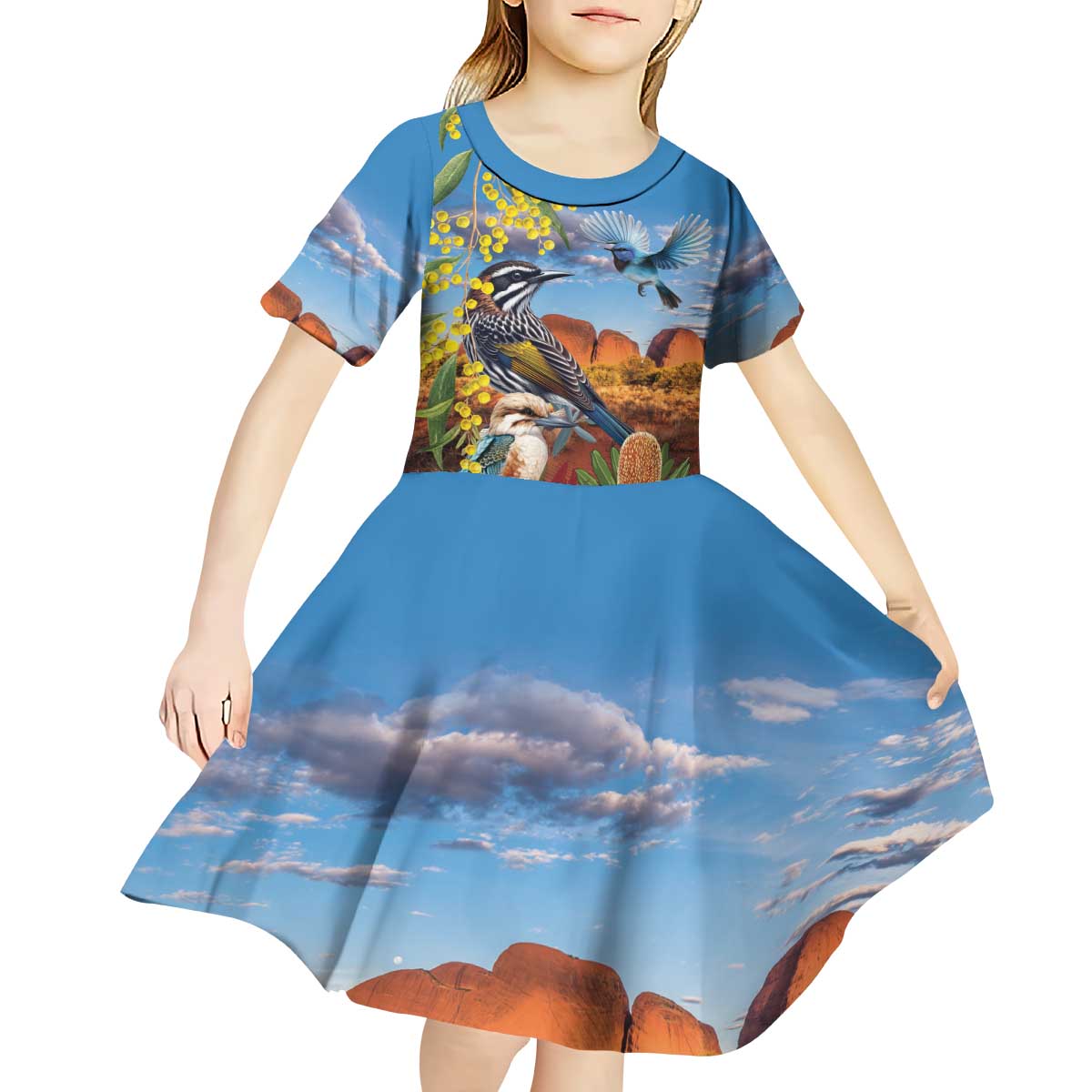 Australia Native Bird Uluru Ayers Rock Kid Short Sleeve Dress - Vibe Hoodie Shop