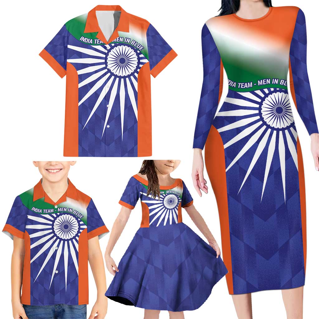 India Cricket Custom Family Matching Long Sleeve Bodycon Dress and Hawaiian Shirt Ashoka Chakra with Flag Style