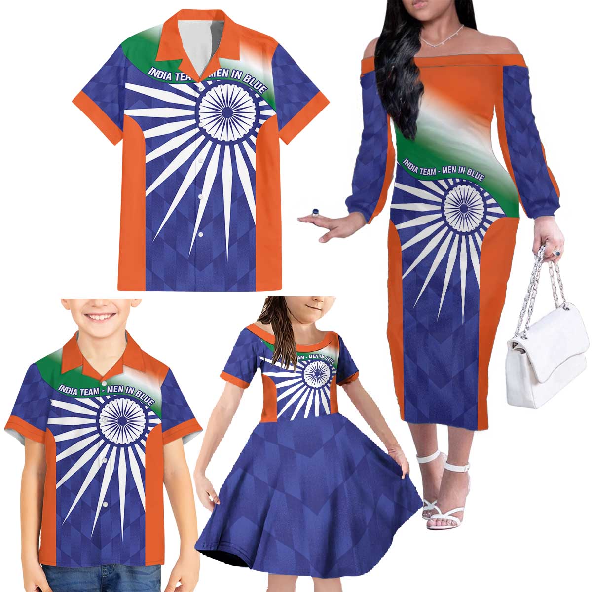 India Cricket Custom Family Matching Off The Shoulder Long Sleeve Dress and Hawaiian Shirt Ashoka Chakra with Flag Style