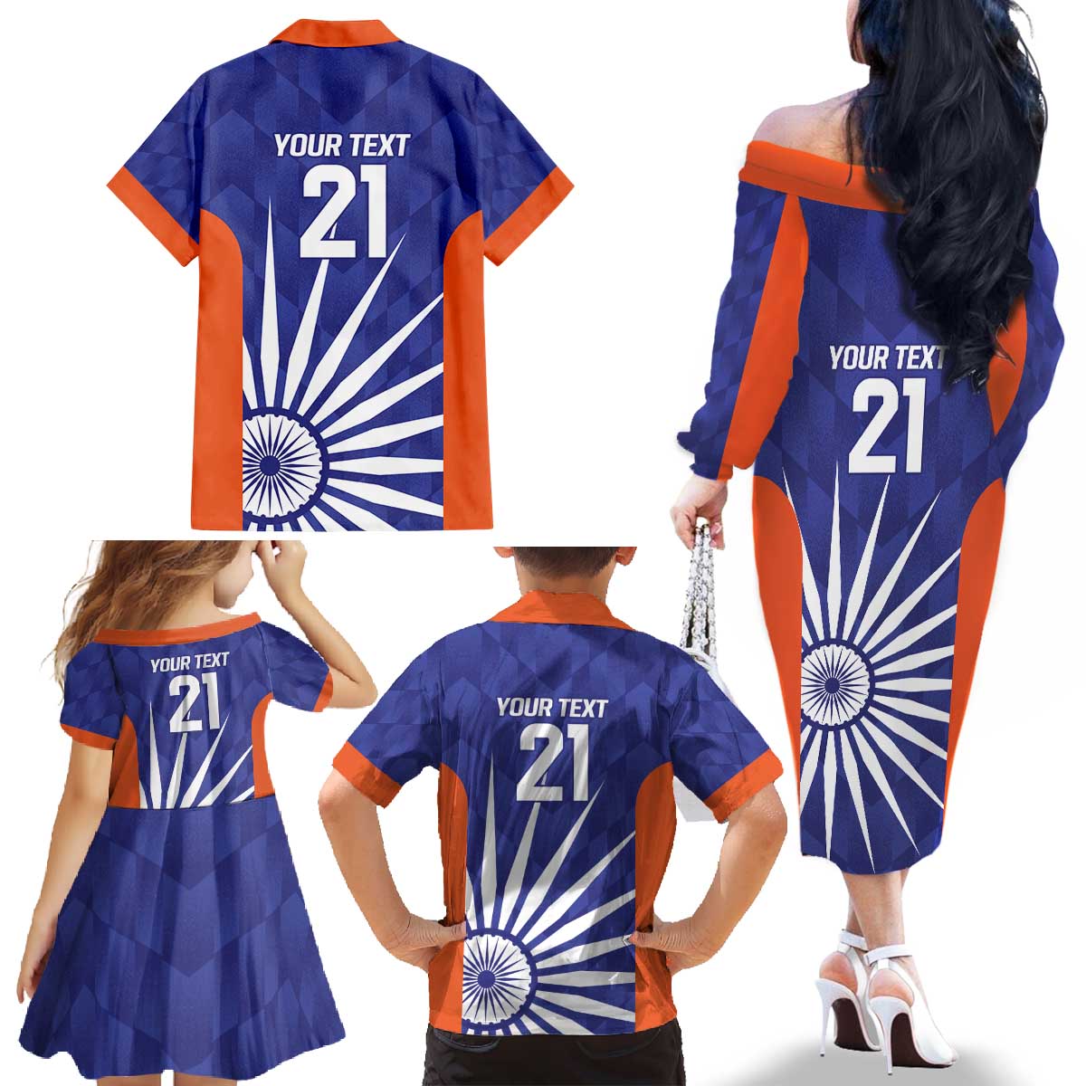 India Cricket Custom Family Matching Off The Shoulder Long Sleeve Dress and Hawaiian Shirt Ashoka Chakra with Flag Style