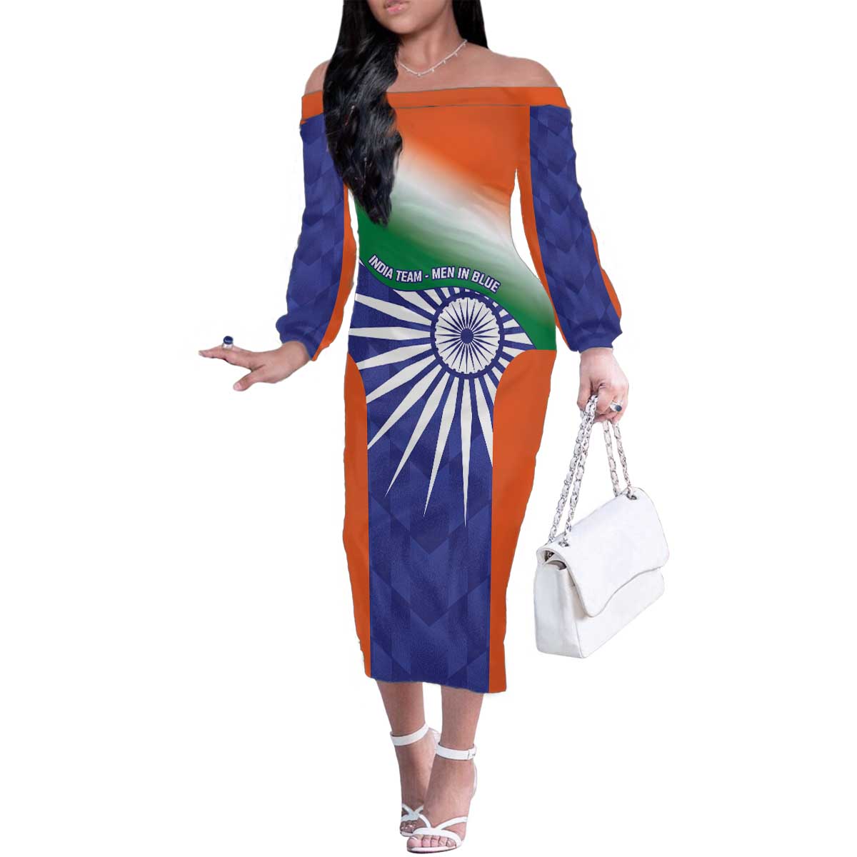 India Cricket Custom Family Matching Off The Shoulder Long Sleeve Dress and Hawaiian Shirt Ashoka Chakra with Flag Style