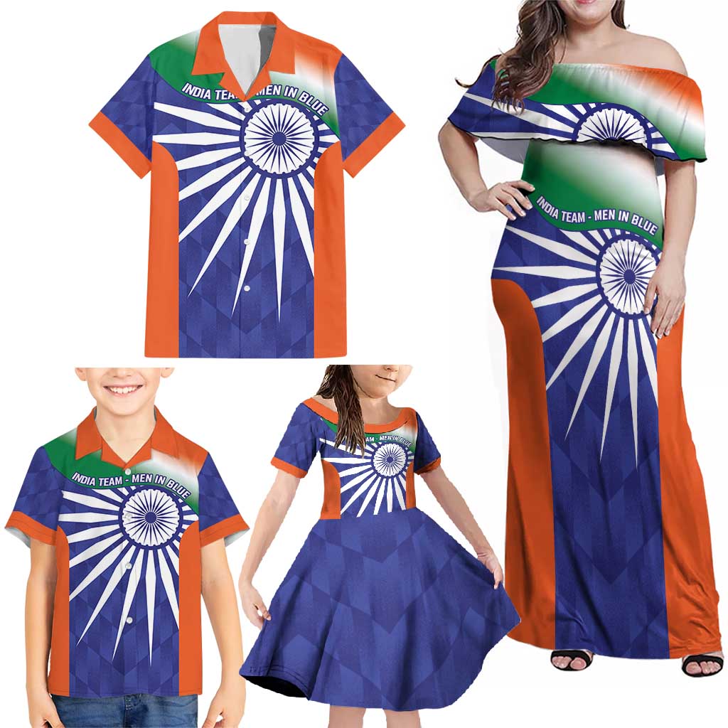 India Cricket Custom Family Matching Off Shoulder Maxi Dress and Hawaiian Shirt Ashoka Chakra with Flag Style