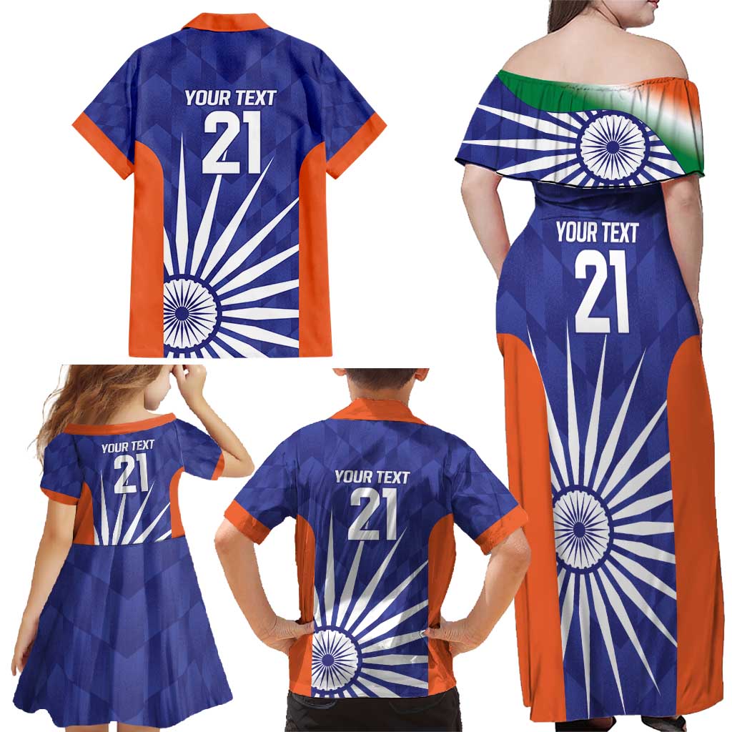 India Cricket Custom Family Matching Off Shoulder Maxi Dress and Hawaiian Shirt Ashoka Chakra with Flag Style