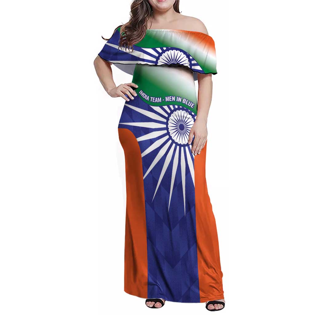 India Cricket Custom Family Matching Off Shoulder Maxi Dress and Hawaiian Shirt Ashoka Chakra with Flag Style