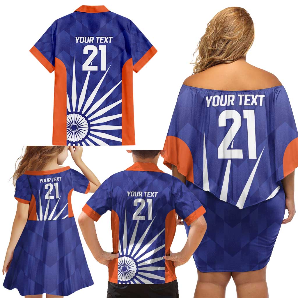 India Cricket Custom Family Matching Off Shoulder Short Dress and Hawaiian Shirt Ashoka Chakra with Flag Style