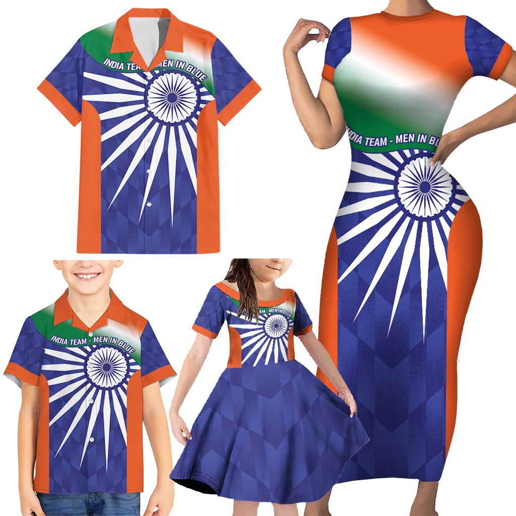 India Cricket Custom Family Matching Short Sleeve Bodycon Dress and Hawaiian Shirt Ashoka Chakra with Flag Style