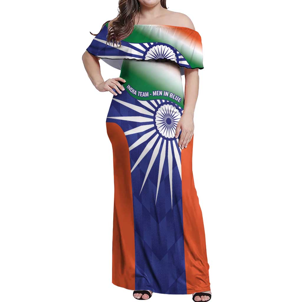 India Cricket Custom Off Shoulder Maxi Dress Ashoka Chakra with Flag Style