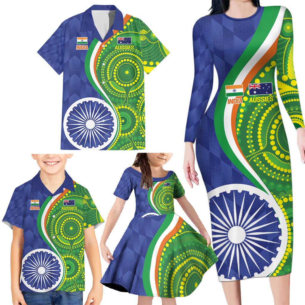 India Vs Australian Cricket Custom Family Matching Long Sleeve Bodycon Dress and Hawaiian Shirt Ashoka Chakra and Aboriginal Together