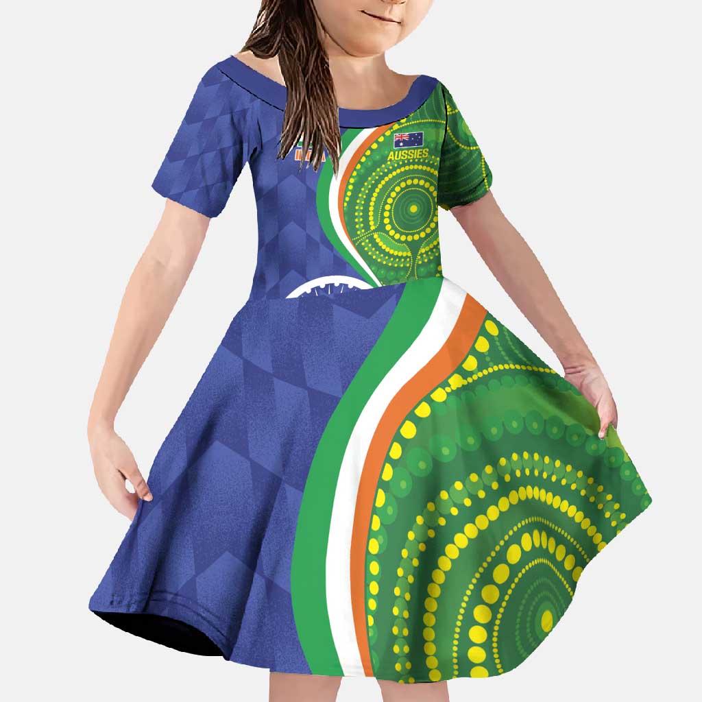 India Vs Australian Cricket Custom Family Matching Long Sleeve Bodycon Dress and Hawaiian Shirt Ashoka Chakra and Aboriginal Together