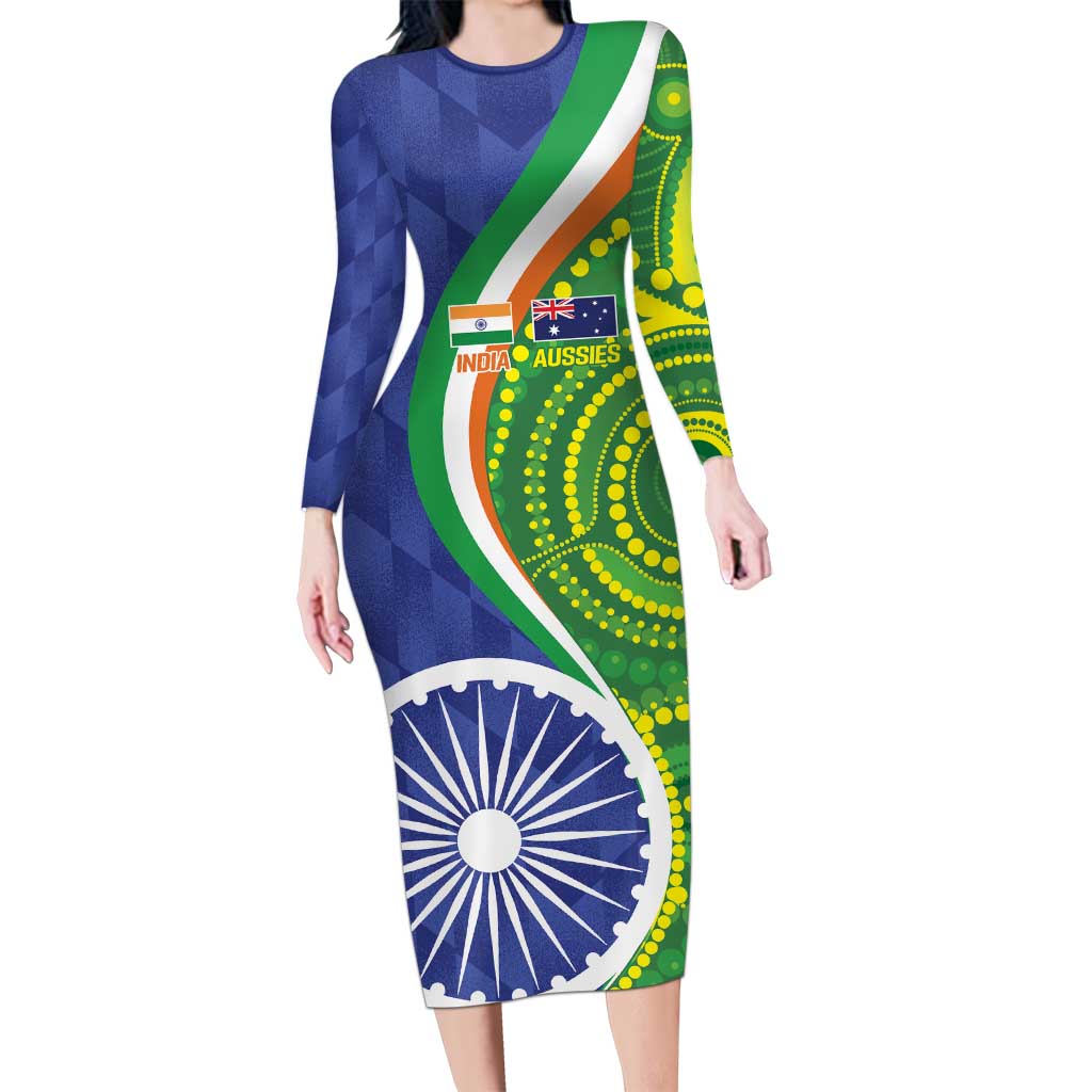 India Vs Australian Cricket Custom Family Matching Long Sleeve Bodycon Dress and Hawaiian Shirt Ashoka Chakra and Aboriginal Together