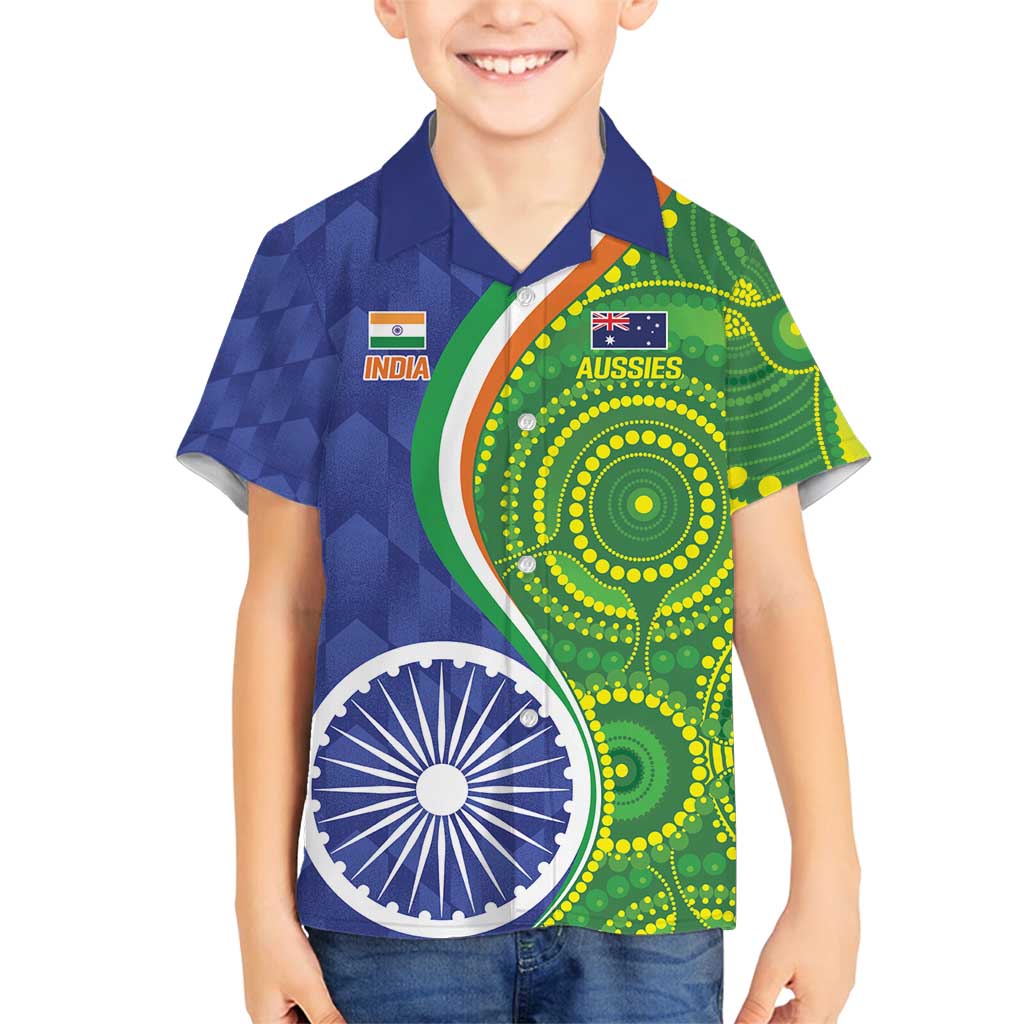 India Vs Australian Cricket Custom Family Matching Long Sleeve Bodycon Dress and Hawaiian Shirt Ashoka Chakra and Aboriginal Together