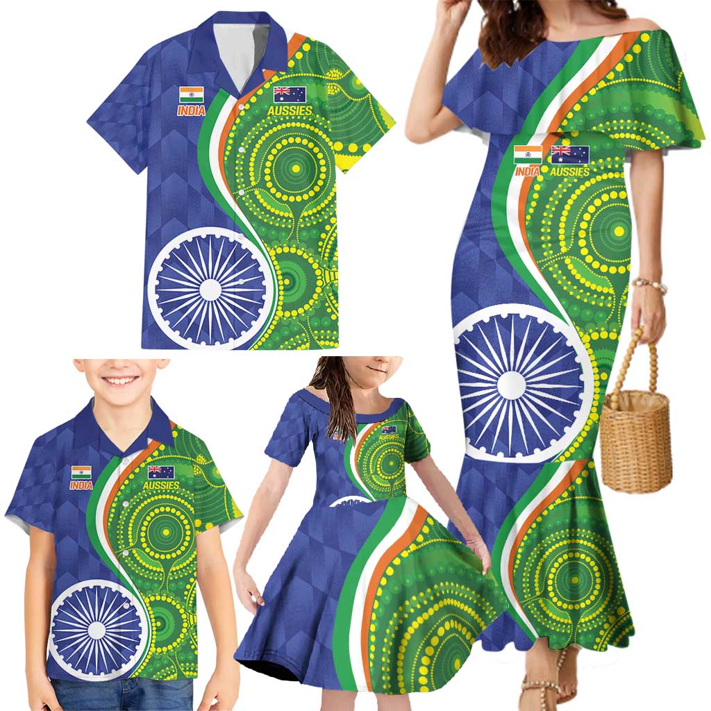 India Vs Australian Cricket Custom Family Matching Mermaid Dress and Hawaiian Shirt Ashoka Chakra and Aboriginal Together