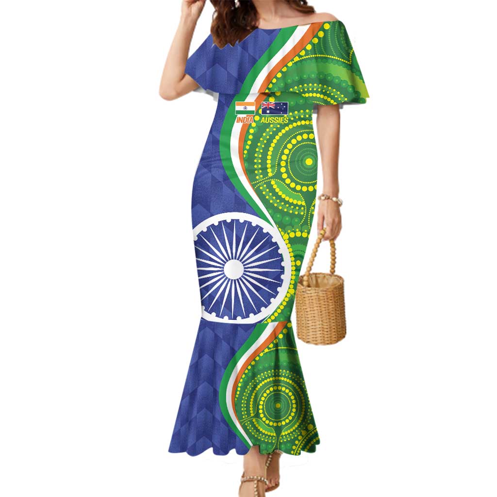 India Vs Australian Cricket Custom Family Matching Mermaid Dress and Hawaiian Shirt Ashoka Chakra and Aboriginal Together