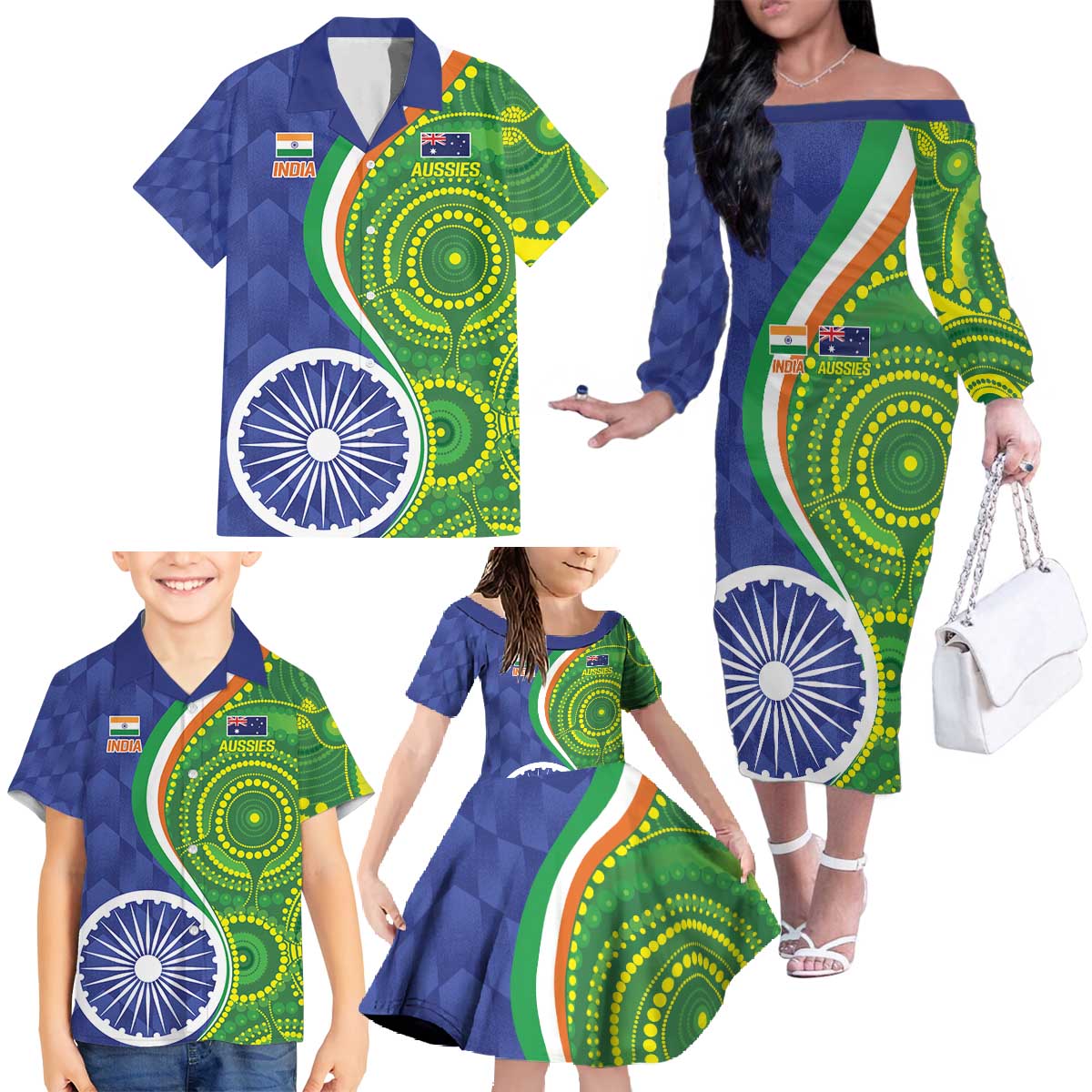 India Vs Australian Cricket Custom Family Matching Off The Shoulder Long Sleeve Dress and Hawaiian Shirt Ashoka Chakra and Aboriginal Together