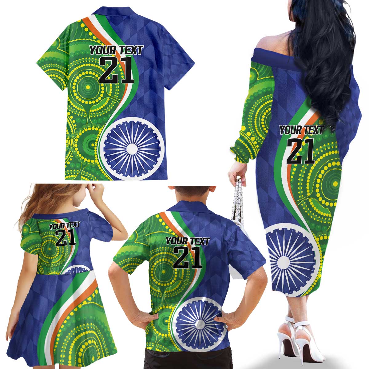 India Vs Australian Cricket Custom Family Matching Off The Shoulder Long Sleeve Dress and Hawaiian Shirt Ashoka Chakra and Aboriginal Together