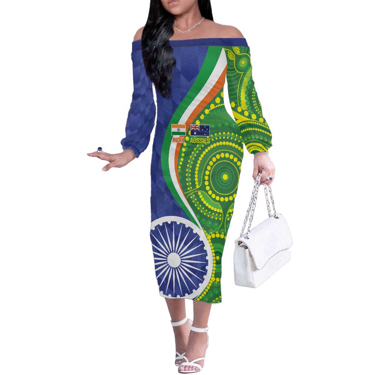 India Vs Australian Cricket Custom Family Matching Off The Shoulder Long Sleeve Dress and Hawaiian Shirt Ashoka Chakra and Aboriginal Together