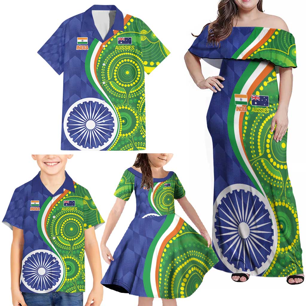 India Vs Australian Cricket Custom Family Matching Off Shoulder Maxi Dress and Hawaiian Shirt Ashoka Chakra and Aboriginal Together