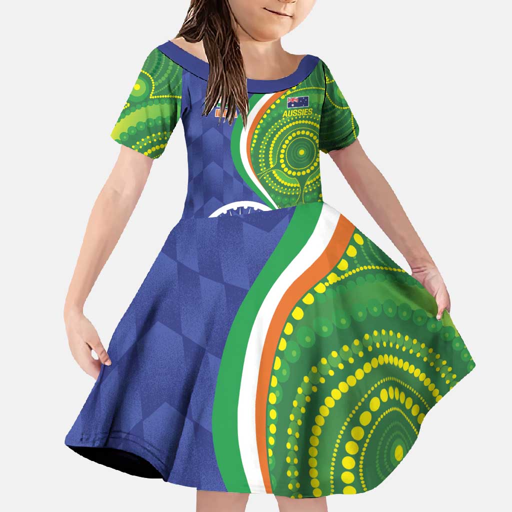 India Vs Australian Cricket Custom Family Matching Off Shoulder Maxi Dress and Hawaiian Shirt Ashoka Chakra and Aboriginal Together