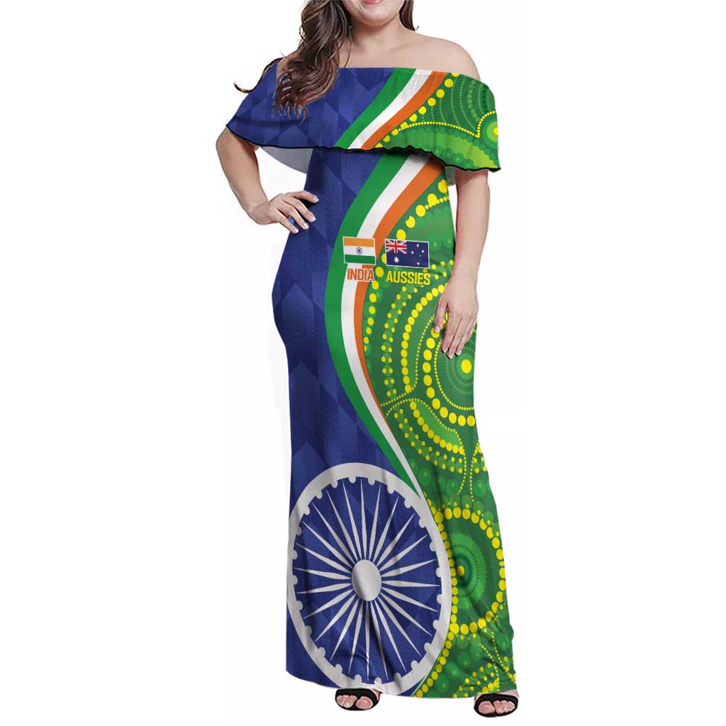 India Vs Australian Cricket Custom Family Matching Off Shoulder Maxi Dress and Hawaiian Shirt Ashoka Chakra and Aboriginal Together