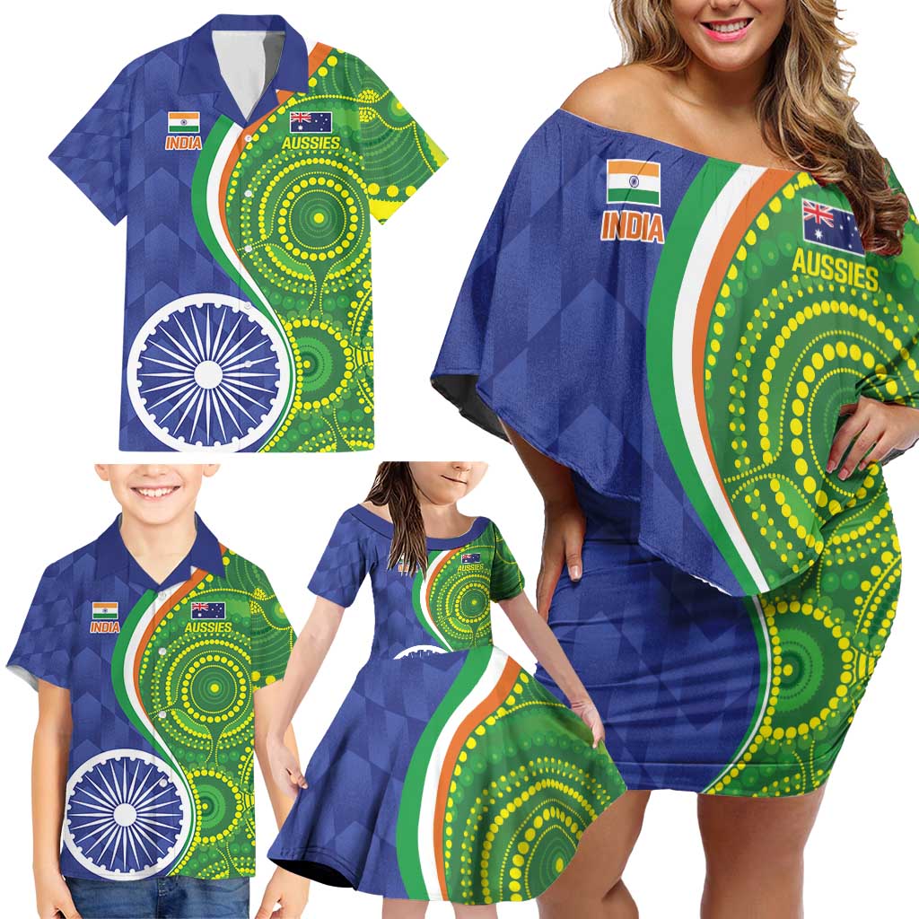 India Vs Australian Cricket Custom Family Matching Off Shoulder Short Dress and Hawaiian Shirt Ashoka Chakra and Aboriginal Together