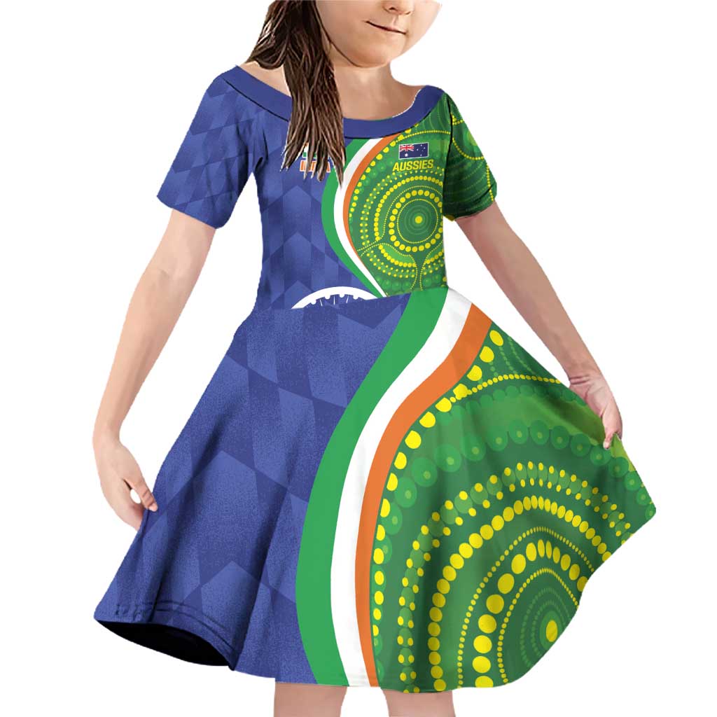 India Vs Australian Cricket Custom Family Matching Off Shoulder Short Dress and Hawaiian Shirt Ashoka Chakra and Aboriginal Together