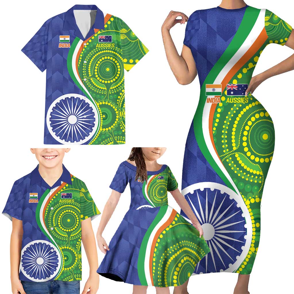 India Vs Australian Cricket Custom Family Matching Short Sleeve Bodycon Dress and Hawaiian Shirt Ashoka Chakra and Aboriginal Together