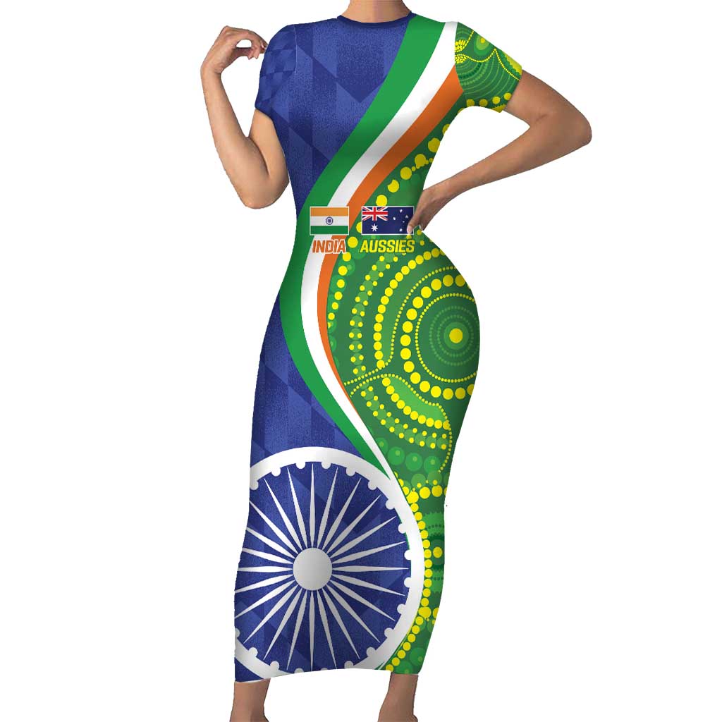 India Vs Australian Cricket Custom Family Matching Short Sleeve Bodycon Dress and Hawaiian Shirt Ashoka Chakra and Aboriginal Together