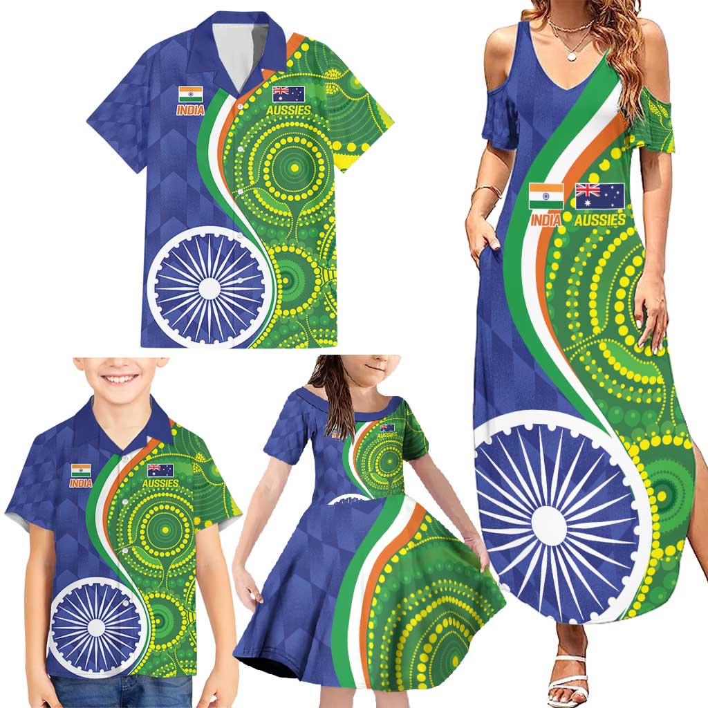 India Vs Australian Cricket Custom Family Matching Summer Maxi Dress and Hawaiian Shirt Ashoka Chakra and Aboriginal Together