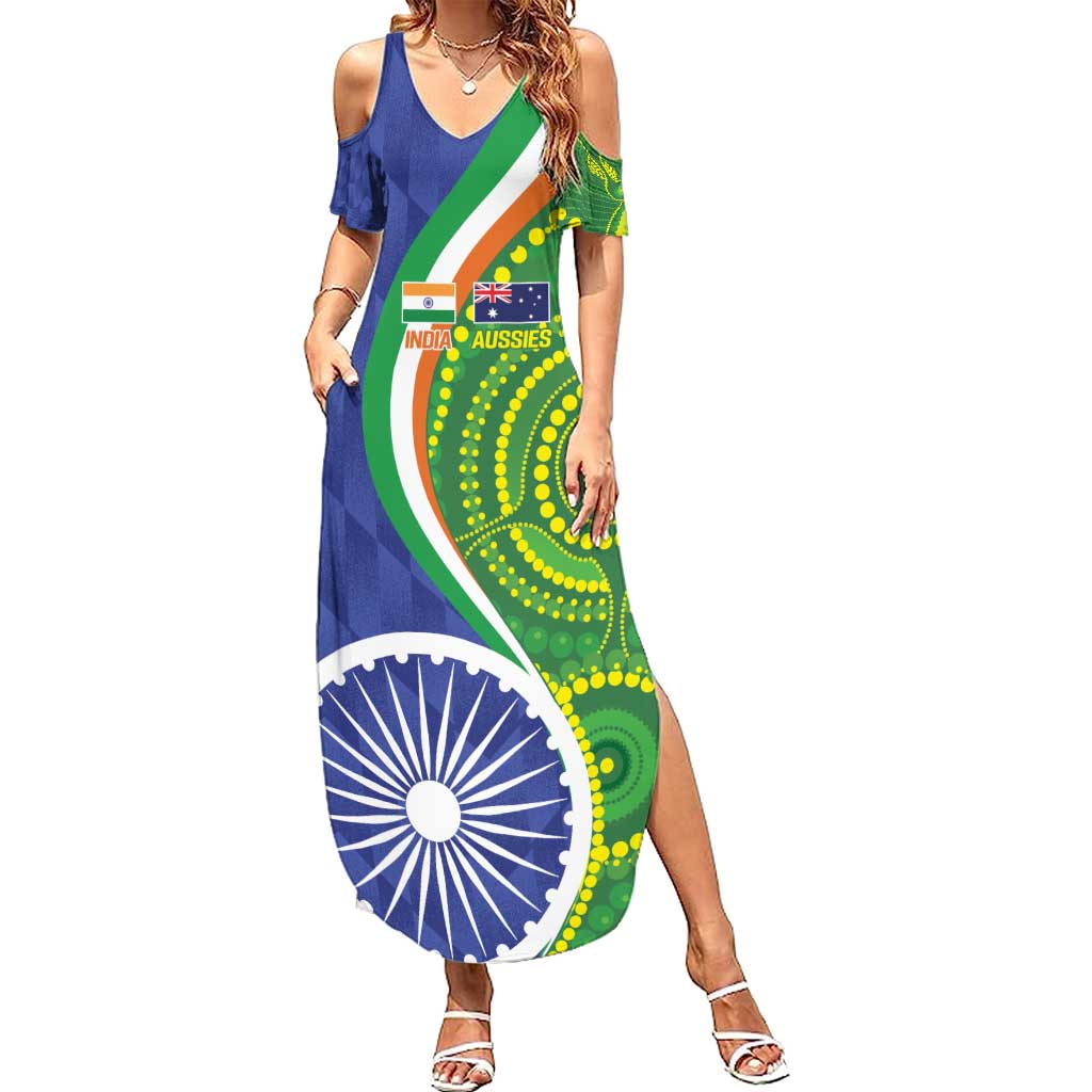 India Vs Australian Cricket Custom Family Matching Summer Maxi Dress and Hawaiian Shirt Ashoka Chakra and Aboriginal Together