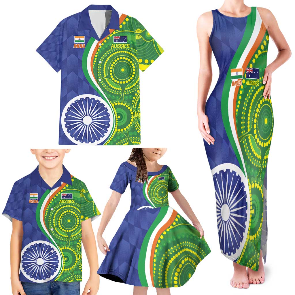 India Vs Australian Cricket Custom Family Matching Tank Maxi Dress and Hawaiian Shirt Ashoka Chakra and Aboriginal Together