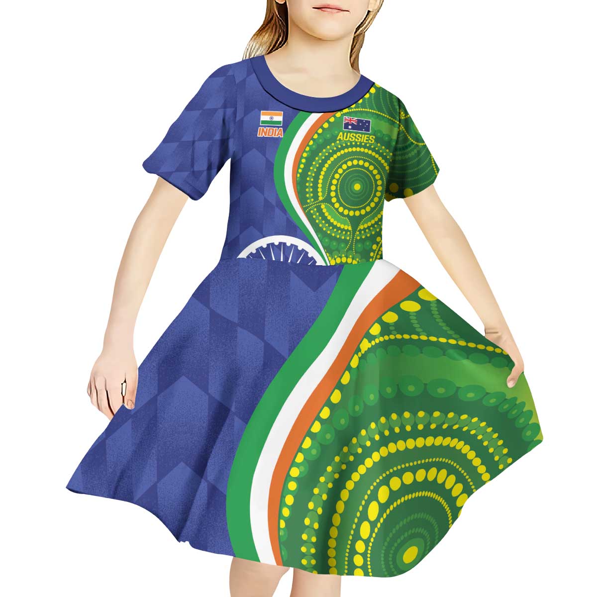 India Vs Australian Cricket Custom Kid Short Sleeve Dress Ashoka Chakra and Aboriginal Together - Vibe Hoodie Shop