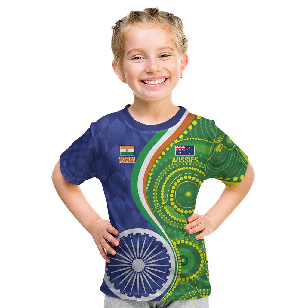 India Vs Australian Cricket Custom Kid T Shirt Ashoka Chakra and Aboriginal Together - Vibe Hoodie Shop