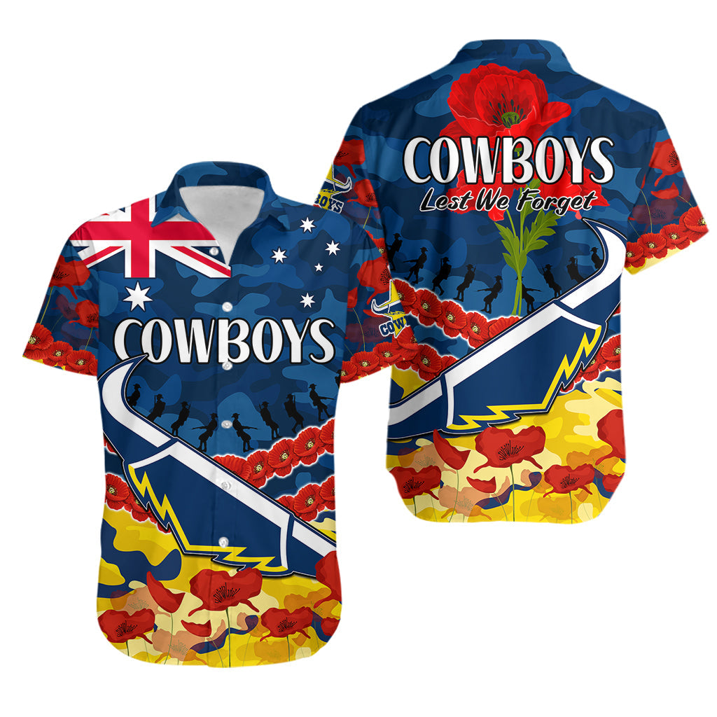 Cowboys Rugby ANZAC Hawaiian Shirt Lest We Forget - Vibe Hoodie Shop