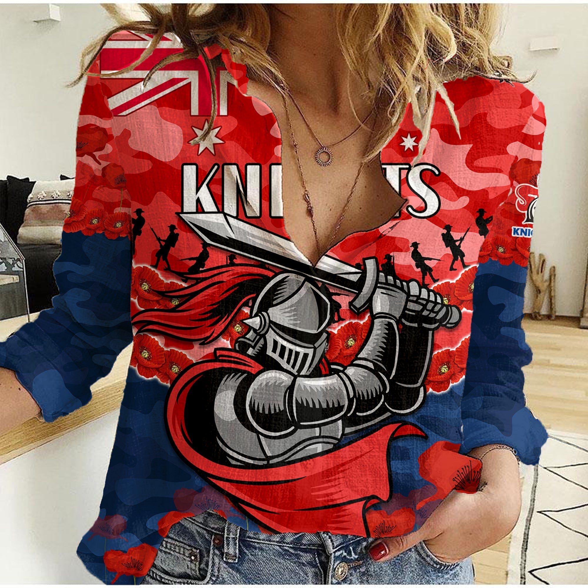 Knights Rugby ANZAC Women Casual Shirt Lest We Forget - Vibe Hoodie Shop