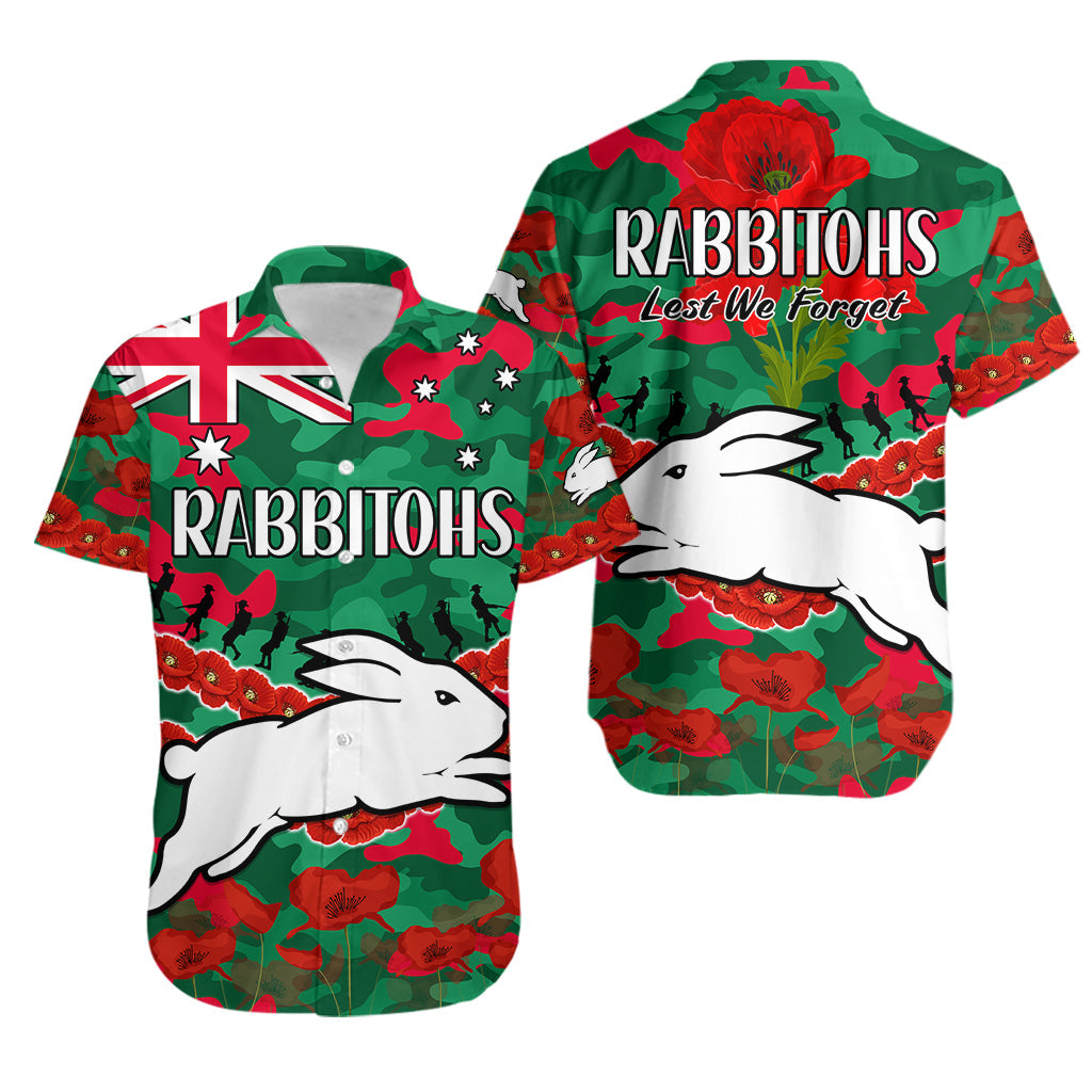 Rabbitohs Rugby ANZAC Hawaiian Shirt Lest We Forget - Vibe Hoodie Shop