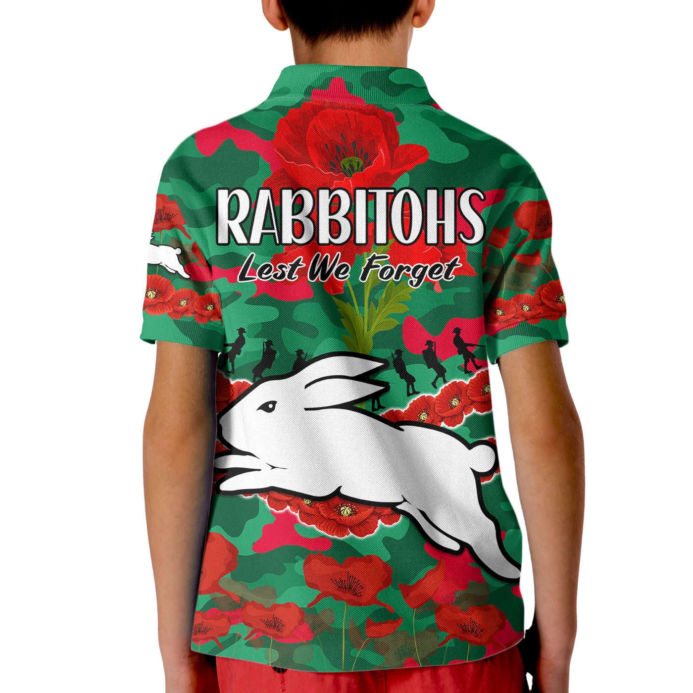 Rabbitohs Rugby ANZAC Kid Polo Shirt Lest We Forget - Vibe Hoodie Shop