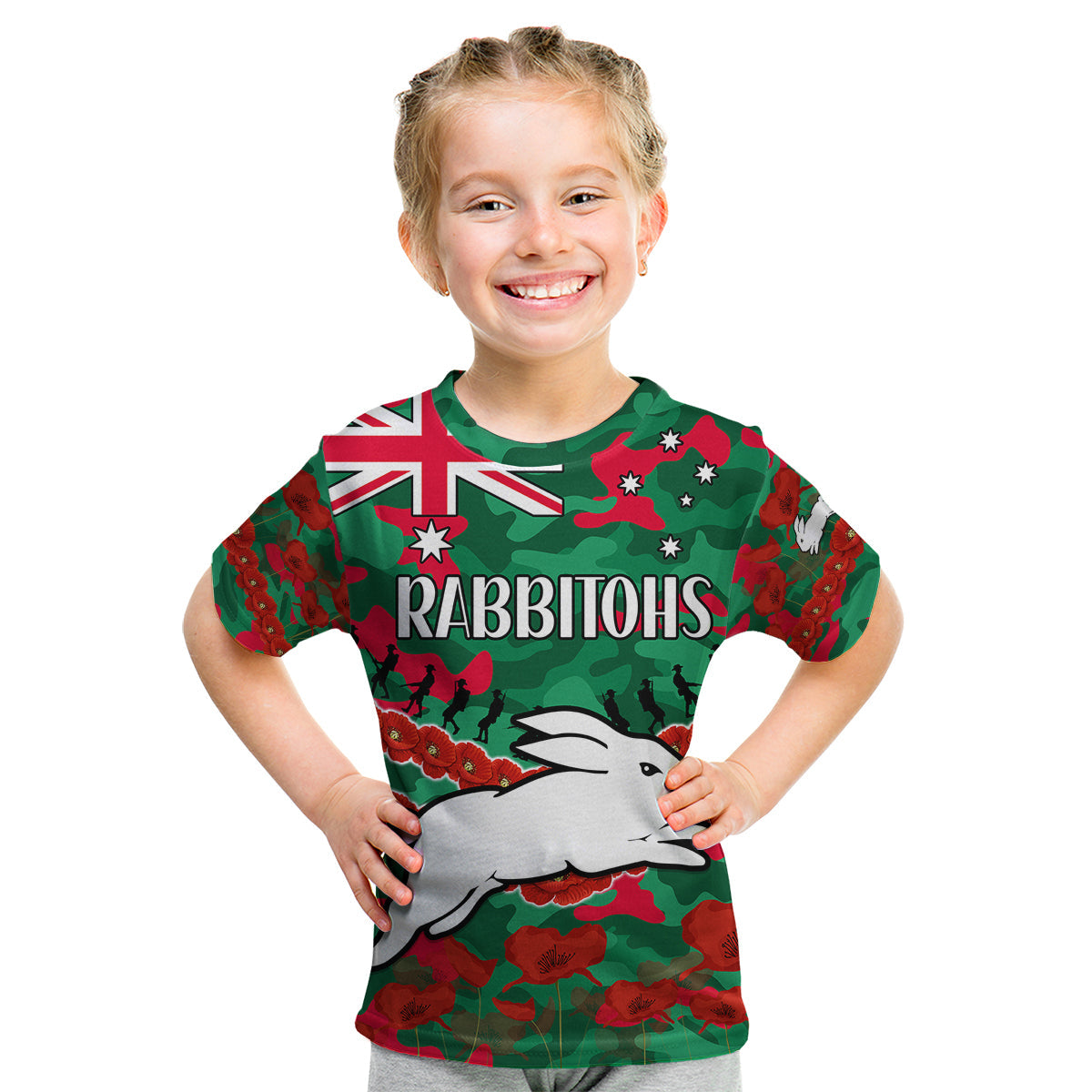 Rabbitohs Rugby ANZAC Kid T Shirt Lest We Forget - Vibe Hoodie Shop