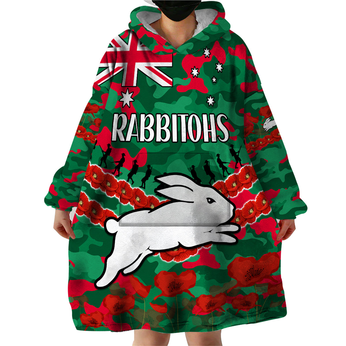 Rabbitohs Rugby ANZAC Wearable Blanket Hoodie Lest We Forget - Vibe Hoodie Shop