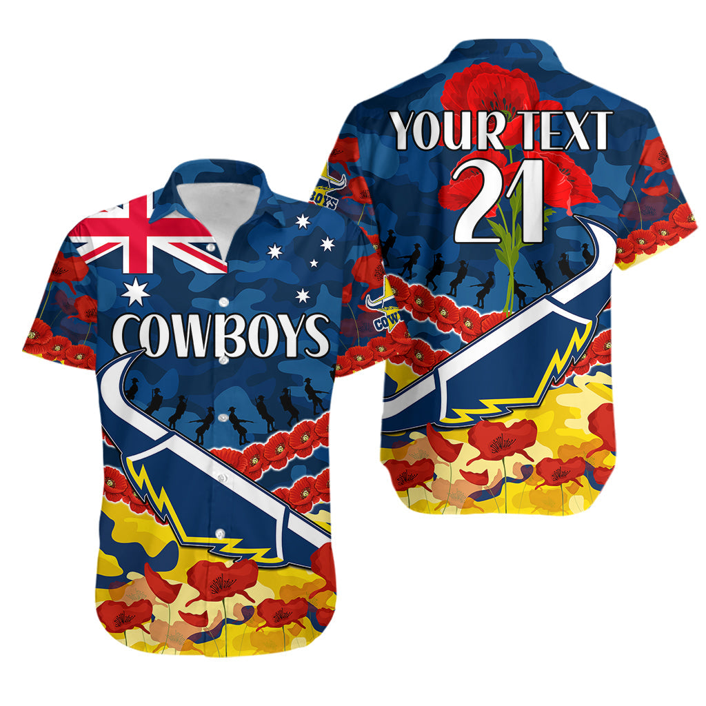 (Custom Text And Number) Cowboys Rugby ANZAC Hawaiian Shirt Lest We Forget - Vibe Hoodie Shop