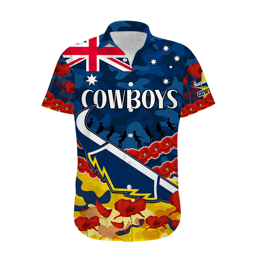 (Custom Text And Number) Cowboys Rugby ANZAC Hawaiian Shirt Lest We Forget - Vibe Hoodie Shop