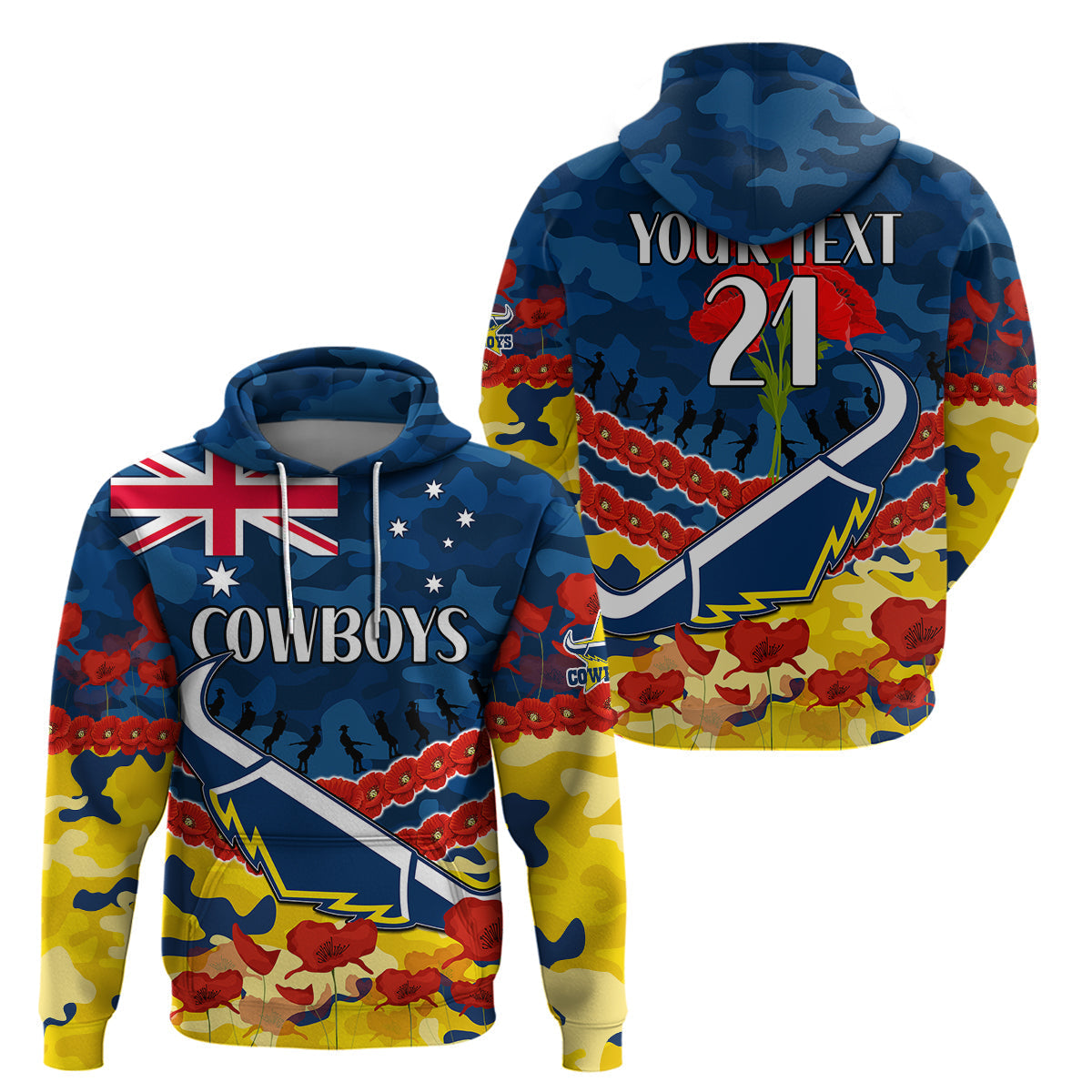 (Custom Text And Number) Cowboys Rugby ANZAC Hoodie Lest We Forget LT9 - Vibe Hoodie Shop