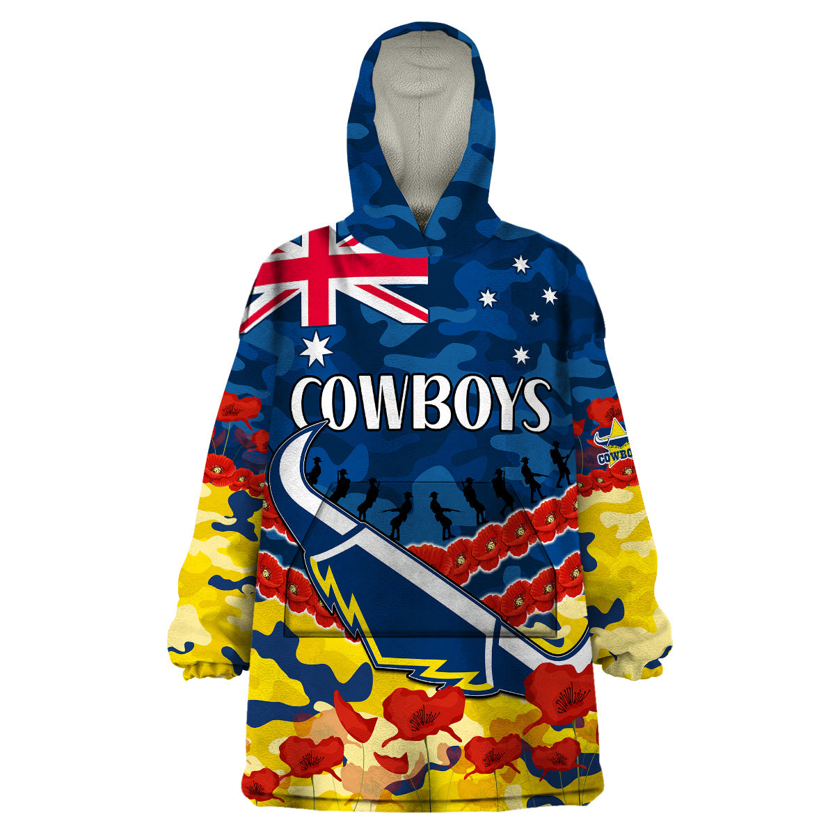 (Custom Text And Number) Cowboys Rugby ANZAC Wearable Blanket Hoodie Lest We Forget - Vibe Hoodie Shop