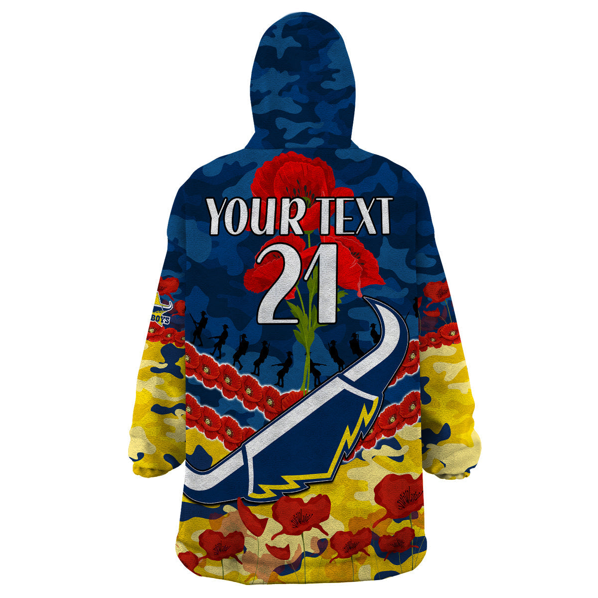 (Custom Text And Number) Cowboys Rugby ANZAC Wearable Blanket Hoodie Lest We Forget - Vibe Hoodie Shop