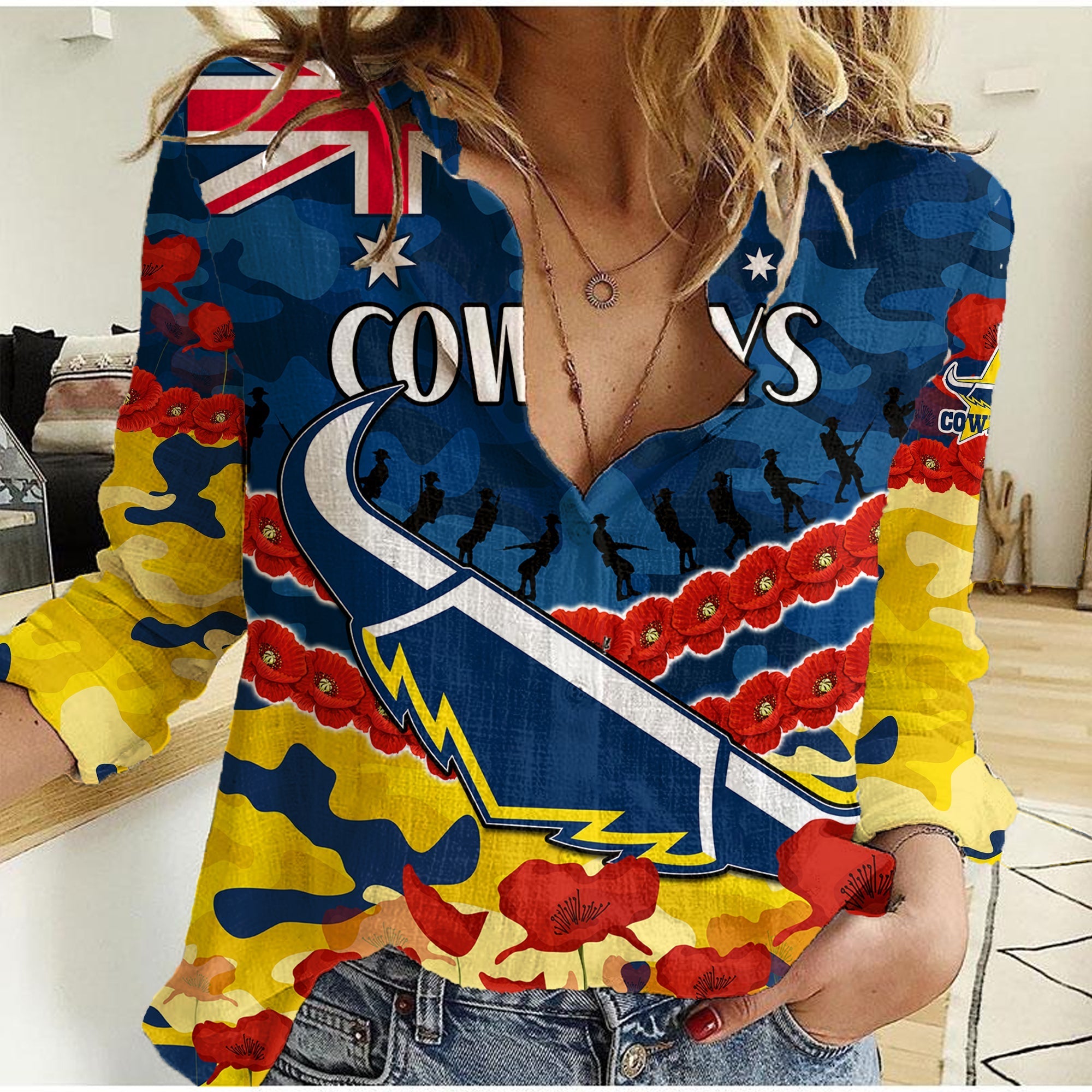 (Custom Text And Number) Cowboys Rugby ANZAC Women Casual Shirt Lest We Forget - Vibe Hoodie Shop