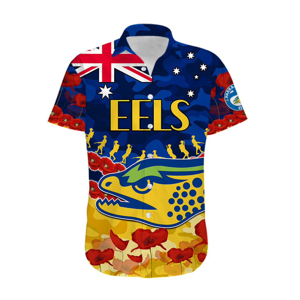 (Custom Text And Number) Eels Rugby ANZAC Hawaiian Shirt Lest We Forget - Vibe Hoodie Shop