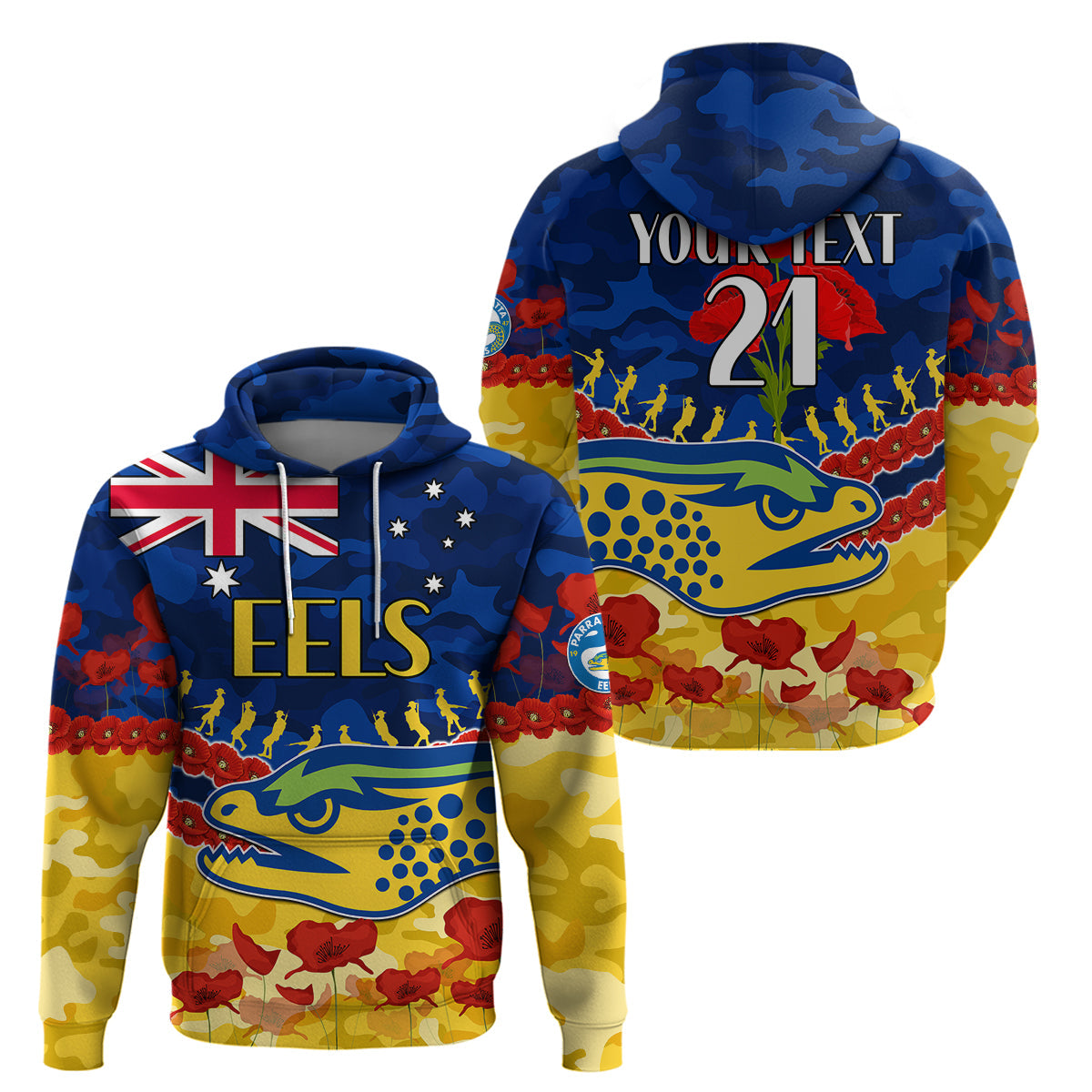 (Custom Text And Number) Eels Rugby ANZAC Hoodie Lest We Forget LT9 - Vibe Hoodie Shop