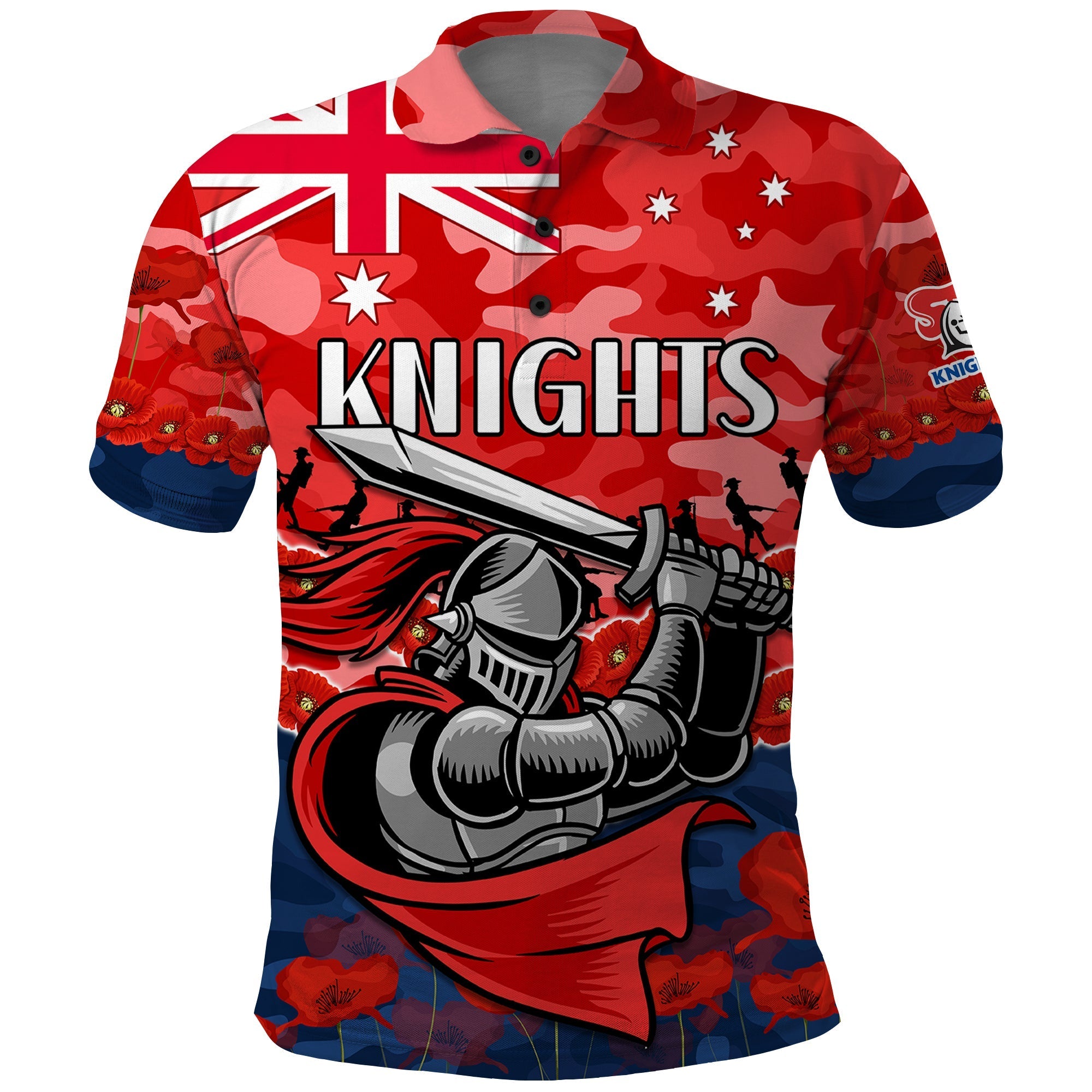 (Custom Text And Number) Knights Rugby ANZAC Polo Shirt Lest We Forget LT9 - Vibe Hoodie Shop