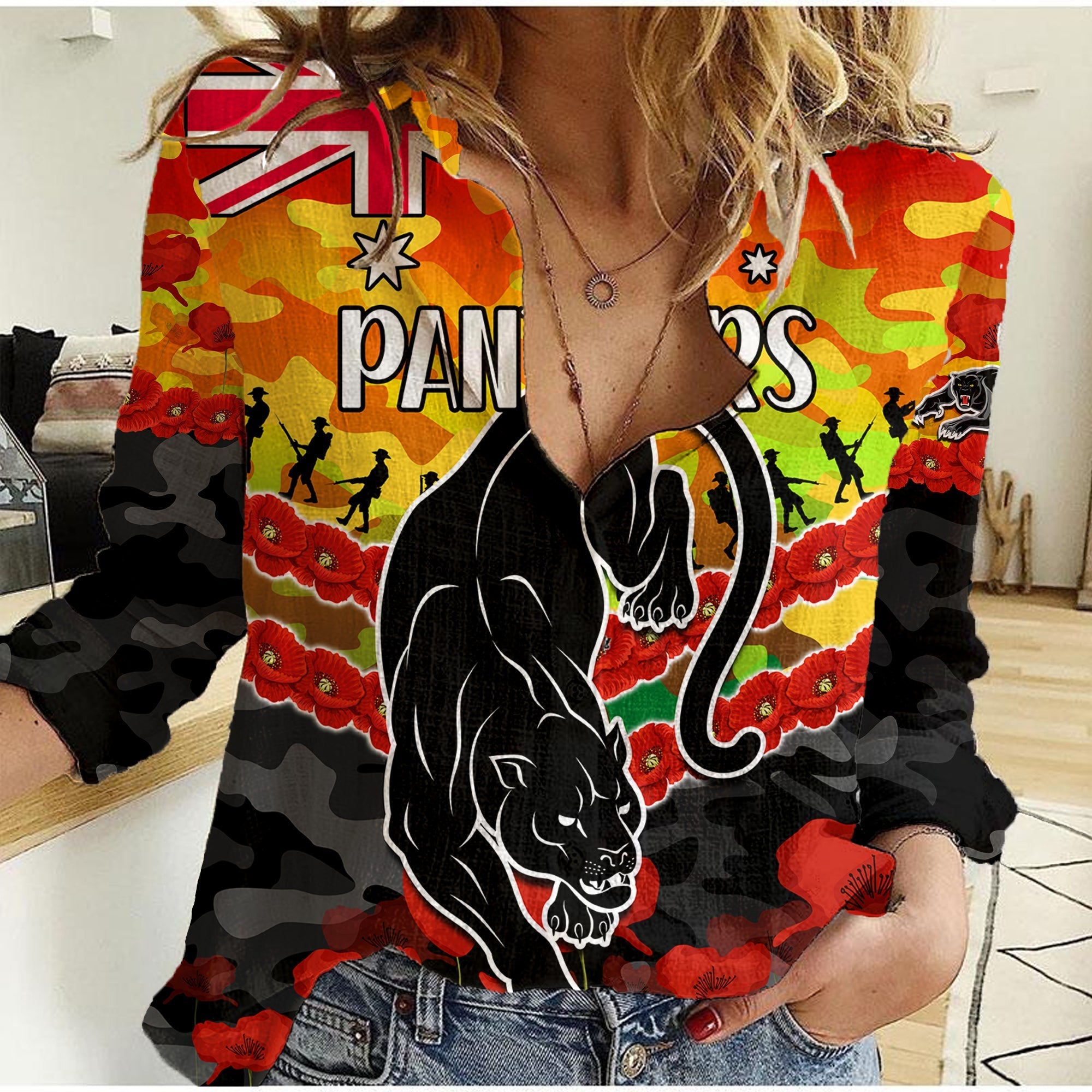 (Custom Text And Number) Panthers Rugby ANZAC Women Casual Shirt Lest We Forget - Vibe Hoodie Shop